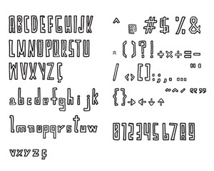 Hollow uppercase and lowercase letters, numbers, and symbols in a single font. Letters with rectangular shapes. Isolated on a transparent background.