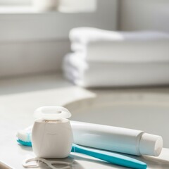 dental care products in a clean, bright bathroom, emphasizing hygiene and oral health