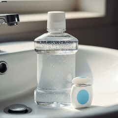 dental care products in a clean, bright bathroom, emphasizing hygiene and oral health