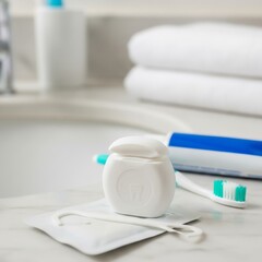 dental care products in a clean, bright bathroom, emphasizing hygiene and oral health