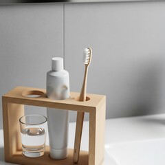 dental care products in a clean, bright bathroom, emphasizing hygiene and oral health