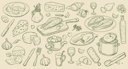 Culinary Sketch: Cheese, Salmon, Wine, and Kitchenware in Detailed Line Art