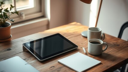 Tablet and open notebook on sunlit desk
