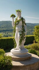 Obraz premium White marble statue adorned with ivy in a lush garden landscape