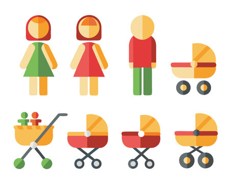 Charming graphic representation of a parent pushing a baby carriage suitable for family oriented themes and services presented as a clean single graphic element