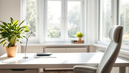Minimalist white desk with sunlight and plant
