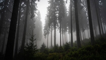 Fototapeta premium Foggy forest scene with tall trees and low-lying vegetation creating a mysterious atmosphere.