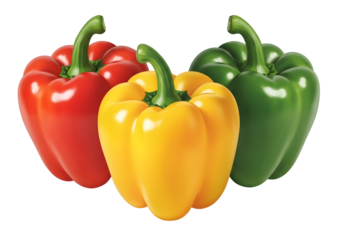 Vibrant red, yellow, and green bell peppers ready to add fresh flavor and color to any culinary creation.