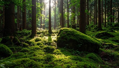 Fototapeta premium Sunlit forest floor covered in lush green moss, with tall trees reaching towards the sky.