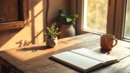 Cozy writing space with open notebook and coffee
