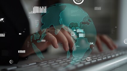 A captivating representation of global connectivity showcases a user typing on a keyboard, with a digital world map overlay symbolizing innovation in the modern business landscape. Xenic