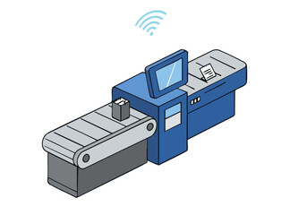An isometric illustration showcases an IoT checkout system with a conveyor belt and scanner. Modern, blue design with a subtle wireless signal icon. Clean, digital style.