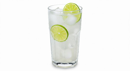 A tall glass of chilled limonada de coco, made with coconut water, fresh lime juice, and a hint of sugar, served with ice cubes and a slice of lime.