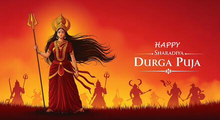 Goddess Durga holding trident with devotees celebrating Durga Puja