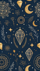 Celestial pattern with gold diamonds moons stars and flowers on a dark blue background design art hd wallpaper, wallpaper 4k