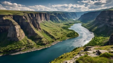 Serene River Winding Through Majestic Canyon, Verdant Cliffs, Sunny Day, Panoramic View.