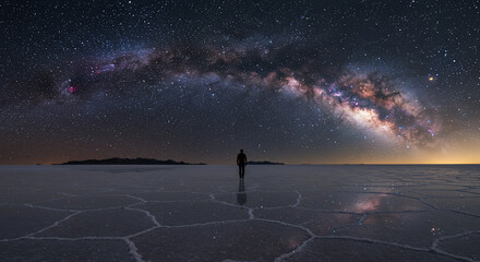 A lone figure stands under a vibrant milky way on a vast salt flat reflecting the starry sky above them
