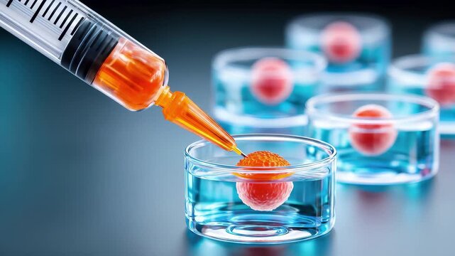 Laboratory research experiment with pipette dispensing orange liquid into petri dish. Scientific analysis, biotechnology testing, medical, clinical studies. Chemistry lab equipment, precision sampling
