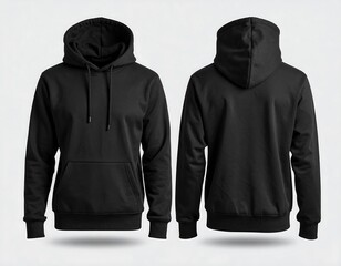 Front and back view of a blank black hoodie