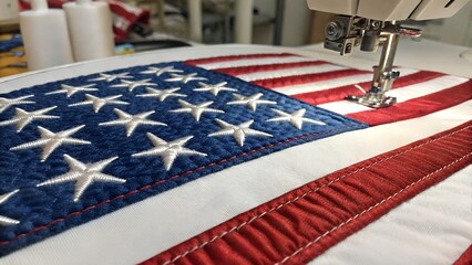 Close-Up of American Flag Embroidered on White Fabric