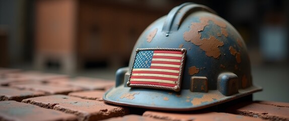 Vintage Construction Helmet with American Flag in Factory