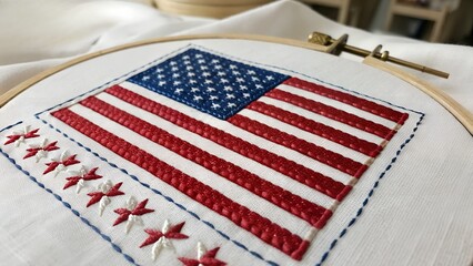 Close-Up of American Flag Embroidered on White Fabric
