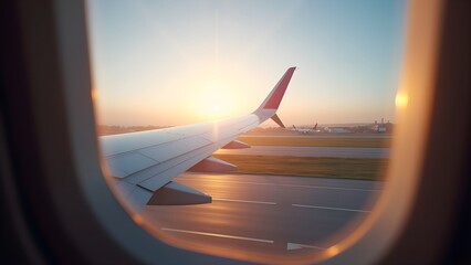 Airplane Wing and Tarmac View from Window Seat