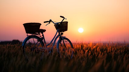 beautiful landscape image with Bicycle at sunset