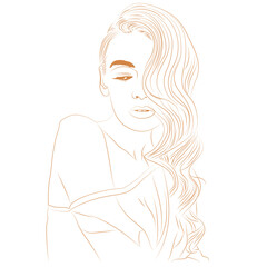 This is a minimalist line art illustration of a woman with long, wavy hair swept to one side. The simple, elegant lines create a sophisticated and modern portrait.