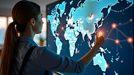 Travel Agent Interacting with a Touchscreen Map Featuring Glowing Destinations