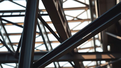 Fototapeta premium Industrial steel framework with geometric shadows, abstract architectural close-up and shallow focus.