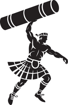 Muscular man in kilt lifting heavy log strong
