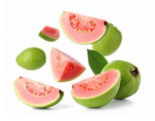 Slices of fresh juicy guava falling on a isolated background