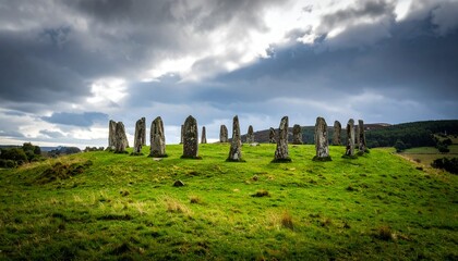 Ancient stone circle stands on a verdant hill under a dramatic sky.