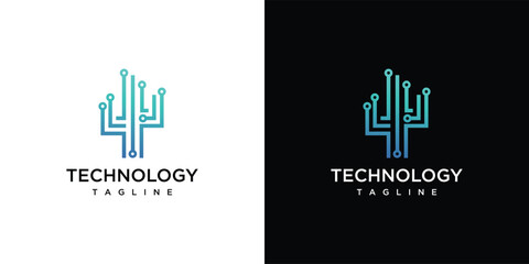 Technology cactus tree logo design template. Digital technology vector logo inspiration made with lines.