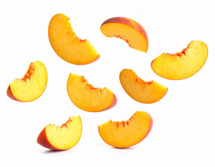 Slices of fresh juicy peach falling on a isolated background