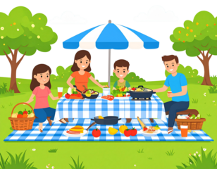 Family sitting on a picnic blanket in the park, preparing food together, transparent