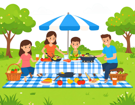 Family sitting on a picnic blanket in the park, preparing food together, transparent