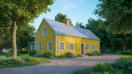 Obraz premium A yellow house with a gray roof surrounded by trees