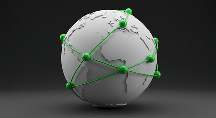 A 3D rendered globe with green network connections symbolizing global communication and data transfer.