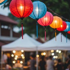 A beautiful array of multicolored hanging lanterns brightens a lively outdoor night market, adorned with bokeh lights