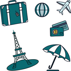 Travel and vacation icon set with suitcase, airplane, Eiffel Tower, credit card, and umbrella in minimal flat style. Perfect for trip, tourism, and holiday design projects.