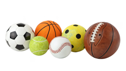 Collection of various sports balls including soccer basketball baseball tennis and football isolated on transparent background