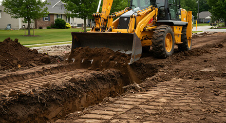 Yellow backhoe excavator digs trench, residential street construction.