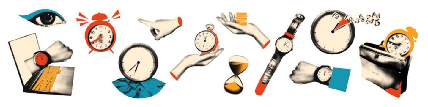 Time management business concept halftone art collage cut outs set. Various paper clipping shapes, stickers with vintage dotted texture and doodles. Modern retro grunge mixed media vector illustration