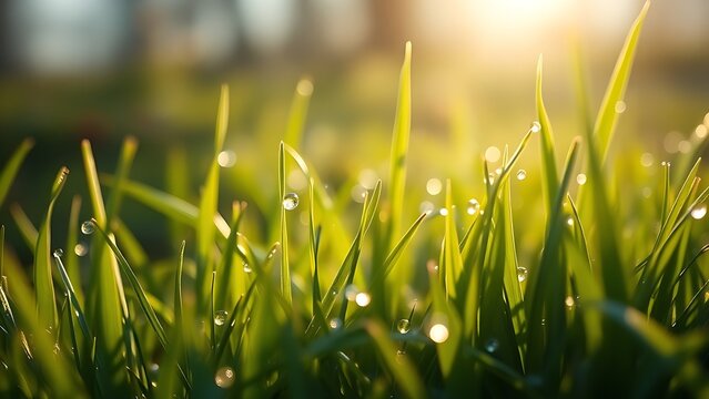 Lush spring grass with delicate dew drops, morning sunlight creating a soft natural glow. - Powered by Adobe