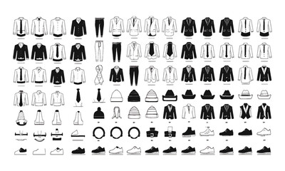 Modern vector illustration of clothing and fashion shirts, pants, suits, hoodies, underwear, ties, shoes, socks, hats, scarves, accessories icons in solid black on a white background,