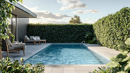 Modern Outdoor Pool with Patio and Lush Landscaping