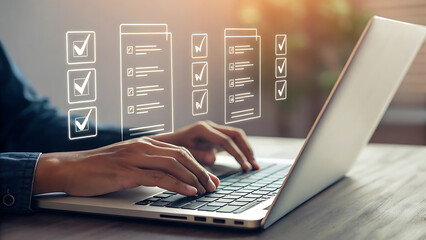 Darkskinned man types on laptop with digital checklist display, highlighting task completion