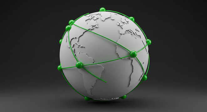A 3D rendering of a globe interconnected by green lines and nodes, representing global networks.